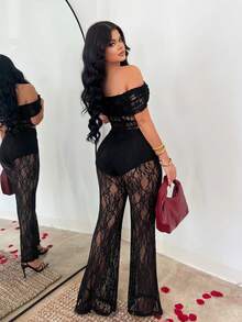 SHEIN SXY Black Lace Sexy Off-Shoulder Top & Semi-Sheer Pants Set - Black - View 2