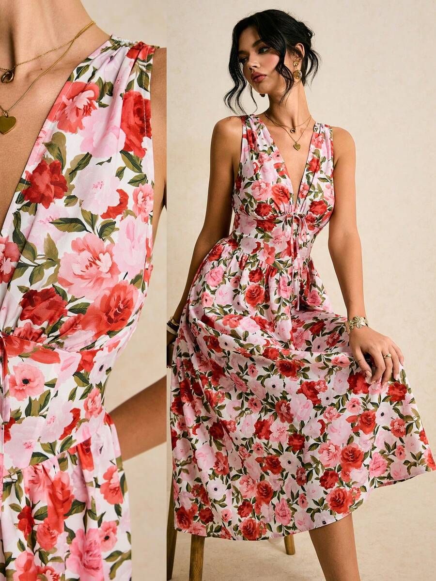 Poéselle Women's Summer Vacation Floral Print Deep V-Neck Tie Front Sleeveless Waist Cinched Dress - Red - View 1