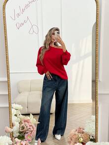 Easowa Women's Loose Off-Shoulder Long Sleeve Red Sweatshirt, Suitable For Valentine's Day And Casual Daily Wear, Spring/Summer Plain/Casual - Red - View 6