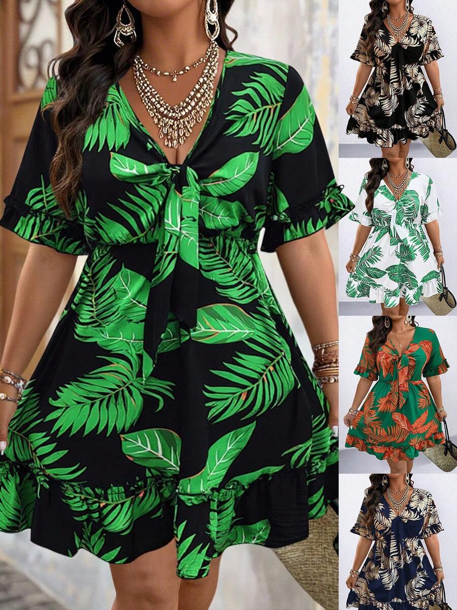 SHEIN Clasi 大码热带印花系带休闲连衣裙 - 黑色 - 查看 1