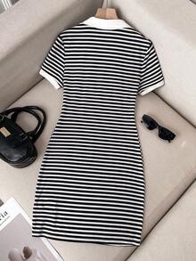 少女黑白条纹针织Polo领修身连衣裙，休闲时尚，百搭，适合派对、郊游、姐妹合照、公园、露营、度假、日常休闲穿着 - 黑色 - 查看 2