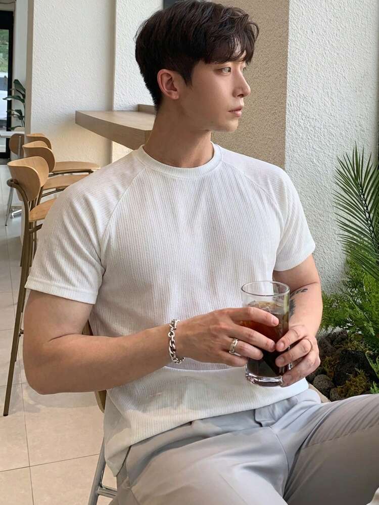 Men's White Short Sleeve Textured Fabric T-Shirt, Summer