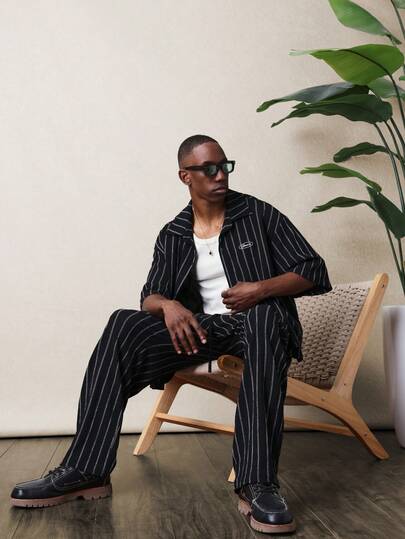  SUMWON Black Pinstripe Short Sleeve Button Up Shirt And Matching Straight Leg Pants Two Piece Coordinate Set With Collar And Side Pockets For Casual Summer Style Plain