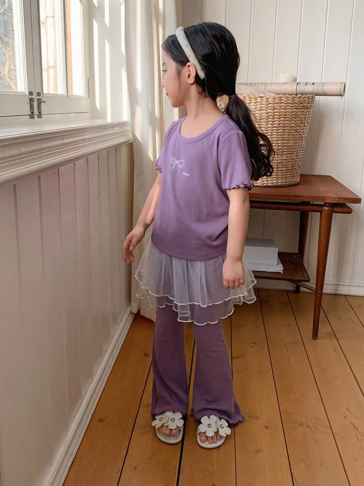 Young Girl Bow Print T-Shirt & Mesh Patchwork Pants Set