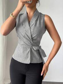 Chiquease Blusa sin mangas con fruncido y envolvente de unicolor para mujer - Gris - Ver 3