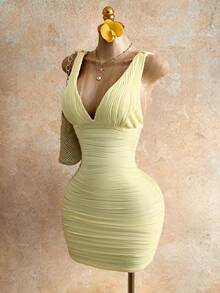 Mistrie Women's Yellow Ruched V-Neck Tie Shoulder Bodycon Mini Dress - Summer Casual/Sexy Party Outfit - Light Yellow - View 1