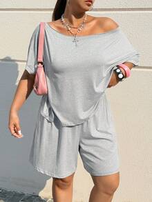 SHEIN EZwear 大码女式纯色不对称肩短袖T恤和短裤休闲两件套 - 灰色 - 查看 1