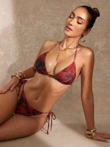 Lumalex Deep Red Printed Halter Tie Beaded Two Pieces Bikini Set - Multicolor - View 2