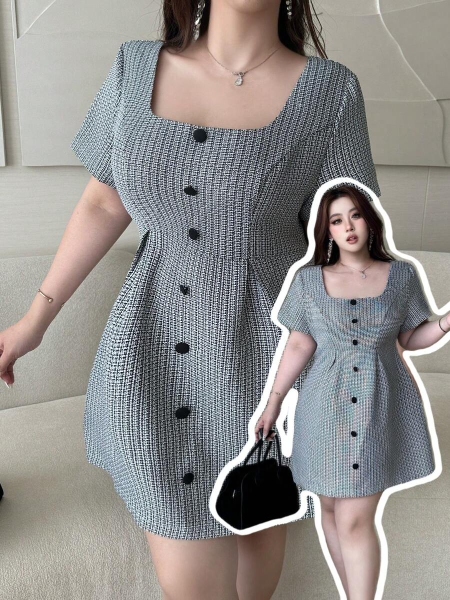 Vibekara Vestido casual de manga corta talla grande, vestido de primavera - Blanco y Negro - Ver 1