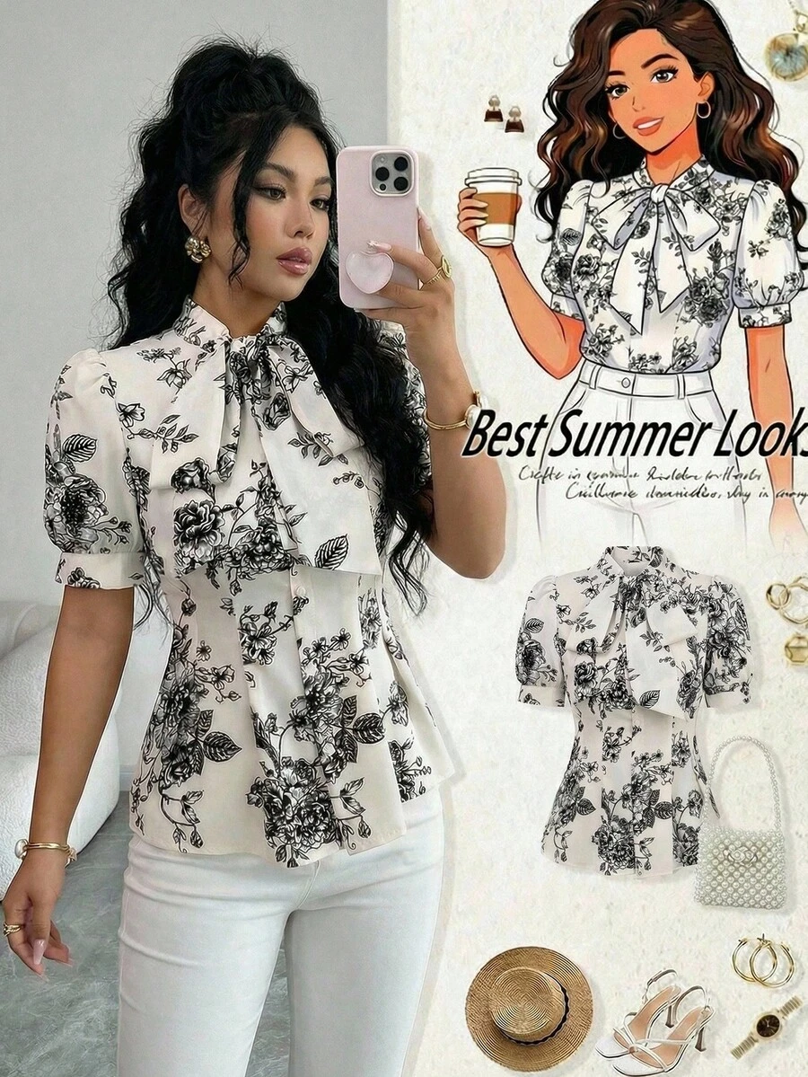 Modelyn 蝴蝶结装饰花卉灯笼袖优雅通勤女式衬衫，春夏款 - 杏色 - 查看 1