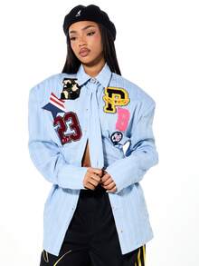 SUMWON WOMEN Vestido mini de manga larga con botones, cuello y parches de estilo universitario, con detalle de cintura ceñida - Azul - Ver 6