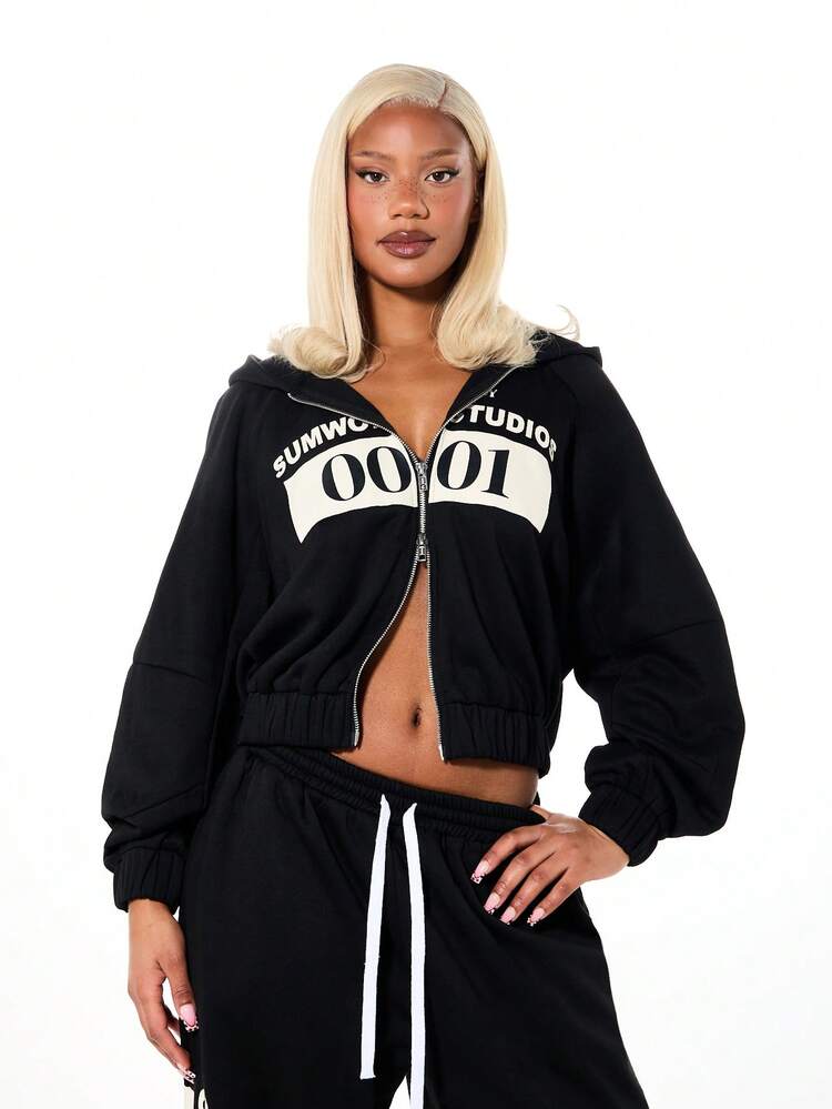 SUMWON WOMEN Oversized Black Zip Through Hoodie With Graphics