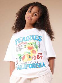 SUMWON Tween Girls Peaches Fruit Club California Graphic Printed T-Shirt Set With Wide Leg Pants Summer Casual Outfit - White - View 5