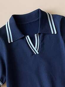 Muvela Spring/Summer New Contrast Trim Polo Collar Fitted Knit Top, Adjustable Elastic Waist Pleated Skirt, Versatile Y2K Office/Social Occasion Outfit - Navy Blue - View 4