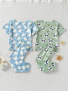 2-częściowy zestaw dla chłopca, dzianinowy, dwustronny polar, supermiękki i elastyczny, krótki rękaw, bluzka i spodnie, jasnoniebieski z białym barankiem, zielony z uroczym misiem - Wielokolorowe - Zobacz 2