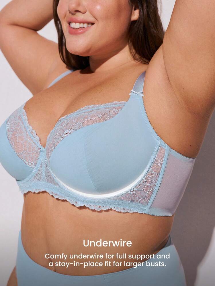 Plus  Woman Blue Lingerie Full Coverage Support&Breathable Underwire Sexy Unlined Sheer Minimizer Lace Bra