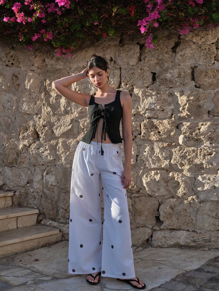 CasuGlow Sleeveless Crop Top And Wide-Leg Pants Set With Black Polka Dot Print - Multicolor - View 1