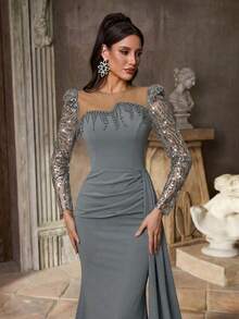 Glamrae Đầm dạ hội sang trọng, quý phái dành cho nữ, chất liệu vải đính sequin và hạt cườm (đính kèm nhiều chi tiết trang trí) - Xám - Xem 4