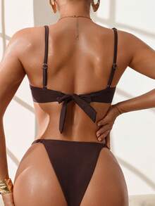 Voyashape Women's Solid Color Spaghetti Strap Beaded Decor Underwire Bikini Set, Spring/Summer Sexy Bikini Sets For Women Push Up Holiday - Brown - View 2