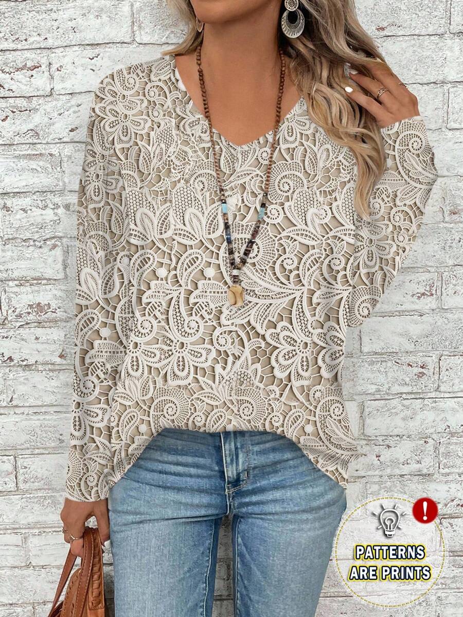 EMERY ROSE Plus Size Women V-Neck Casual Versatile Daily Wear Long Sleeve T-Shirt - Multicolor - View 1