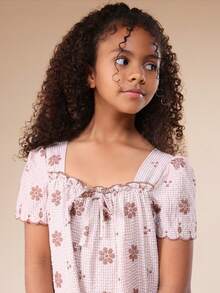 SUMWON Tween Girls Embroidered Floral Tiered Off Shoulder Dress With Scalloped Hem And Puff Sleeves Summer Vacation - Brown - View 6