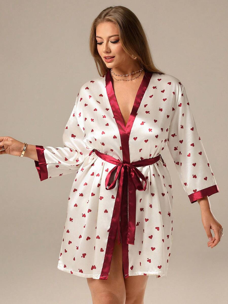SHEIN Privé 大码撞色拼接仿丝心形印花系带睡袍,舒适优雅细节,秋冬必备单品 - 杏色 - 查看 1