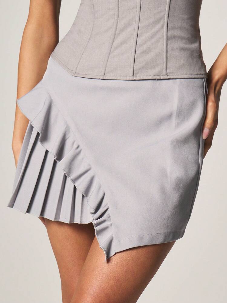 MISSGUIDED Women Pleated Asymmetric Mini Skirt Ruffle Hem Detail High Waist Bodycon Fitted Short Length Spring Summer Fashion Casual Party Wear