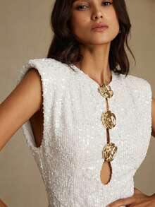 Revavyn Đầm dài sang trọng bằng nhung đính sequin, khóa kim loại rỗng ở eo và vai cách điệu dành cho nữ, thích hợp dự tiệc. - trắng - Xem 2