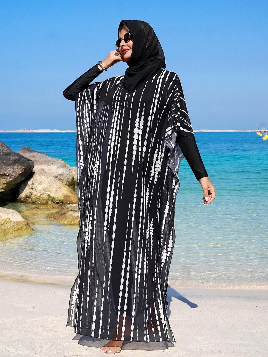 Swim Mulvari Đầm midi dáng rộng tay lửng bằng vải lưới kẻ sọc dành cho nữ mùa hè, thích hợp mặc đi biển, kiểu kaftan, thích hợp cho kỳ nghỉ. - màu đen - Xem 1