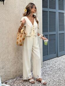 Serisse 2026新款女士纯色刺绣激光镂空泡泡袖系带上衣和长裤两件套，法式镂空刺绣花卉短袖上衣+高腰阔腿裤套装，前系带设计，休闲舒适的两件套夏季女装，适合春夏海滩度假、野餐、度假、海滩度假装、假日装、夏季服装、夏季服装、女士度假套装、潮流套装、最新款女士套装、夏季套装、沙滩套装、休闲套装、毕业套装、假日套装 - 杏色 - 查看 7