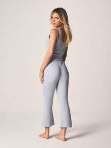 MISSGUIDED Soft Ribbed Button Front Tank Top With Wide Leg Palazzo Pants Lounge Set Casual Coordinated Two Piece Outfit - Blue - View 3