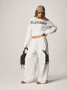 Missguided x Playboy Women's Bunny Logo Wide Leg Joggers Sweatpants With Drawstring Waist And Side Pockets For Casual Loungewear And Everyday Comfort - Light Grey - View 5