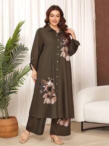 Lacomfia Women's Floral Print Plus Size Shirt And Wide Leg Pants Two Pieces Set, Casual And Minimalist, Plus Size - Multicolor - View 6