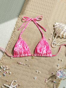 Swim Mod Random Gold Shell Print Halter Bikini Top, Sexy Swimwear Top For Summer Vacation - Pink - View 2