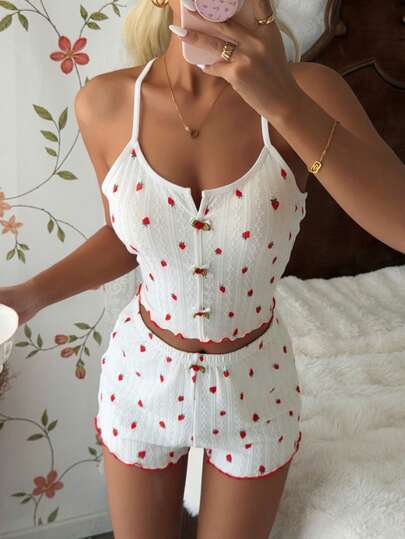 CottageSlumber 女士草莓印花蝴蝶结装饰交叉露背可爱睡衣套装