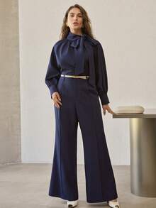 MOTF PREMIUM WOMEN'S BLUE TIE NECK LOOSE LONG SLEEVE ELEGANT VERSATILE BLOUSE - Blue - View 7