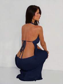 Aloruh Women's Vacation Deep V Starfish Solid Color Beige Textured Halter Backless High Slit Dress - Navy Blue - View 7