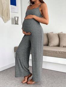 SHEIN 孕妇纯色罗纹休闲日常度假连体裤 - 深灰色 - 查看 3