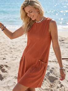 Sylviya Đầm nữ không tay, màu trơn, hai túi, kiểu dáng thường ngày, thích hợp cho kỳ nghỉ hoặc dịp lễ hội. - Rỉ Nâu - Xem 3