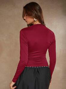 COSMINA Women's Solid Color Oblique Shoulder Long Sleeve Fitted Ruched Cropped T-Shirt - Burgundy - View 2