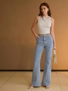 MOTF PREMIUM WOMEN'S FASHION CASUAL SIMPLE SOLID COLOR FLARED JEANS WITH BELT - Baby Blue - View 3