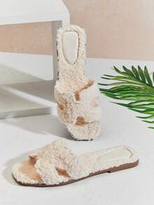 SHUZIA Women Plush Square Toe Fashionable Comfortable Flat Sandals For Home Summer Shoes Spring Shoes Spring Break Easter Vacation Shoes Casual Shoes Beach Shoes Mother's Day Present For Christmas - Beige - View 5