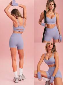 GLOWMODE FeatherFit™ Double-Strap Heart-Shaped Neck Sports Bra Low Impact Yoga Daily Fall Winter - Dusty Purple - View 7