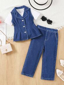 SHEIN Completo in denim da ragazza, stile gentiluomo, con gilet senza maniche e pantaloni a gamba dritta, vestiti per ragazze in autunno/inverno, outfit casual ed eleganti per il ritorno a scuola - Blu lavato scuro - Visualizzare 5