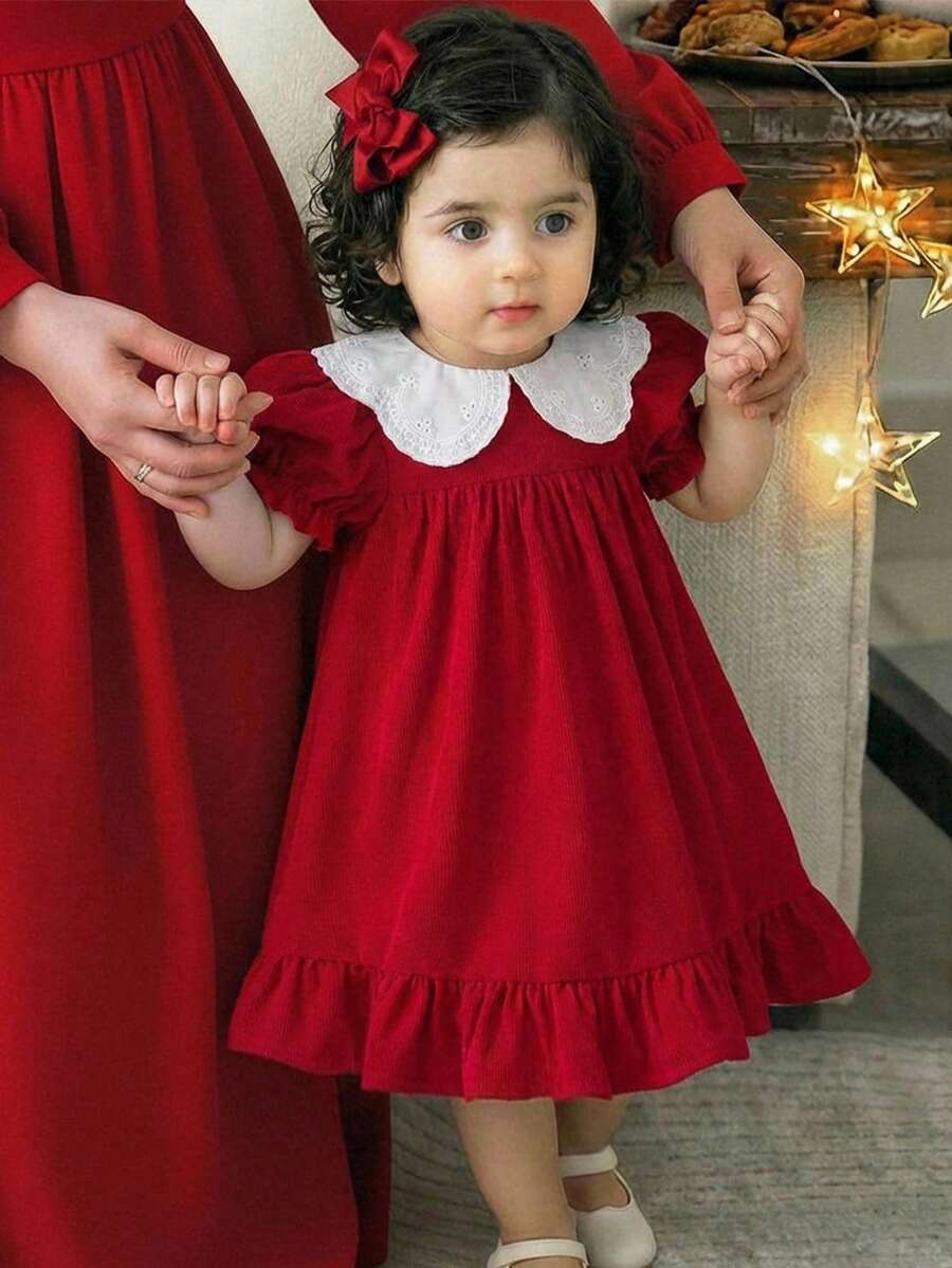 SHEIN LMoss Kids 女嬰紅色泡泡袖彼得潘領洋裝,休閒舒適,可愛女嬰款 - 紅色 - 查看 1