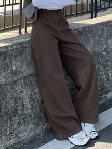 DAZY Teen GirlSolid Color Simple Jeans - Brown - View 7