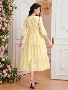 SHEIN Maternity Puff Sleeve Fashion Hollow-Out Patchwork Flared Dress - Yellow - View 2