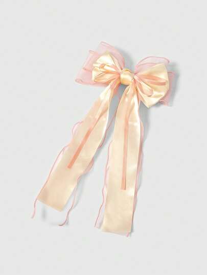 ROMWE Kawaii 1个淡粉色透明超大蝴蝶结波浪飘带双层弹力发夹，优雅温柔的发夹配饰，春季情人节，校园用品，大学，粉色发夹，蝴蝶结，可爱，发饰
