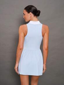 Activina 女士翻领纽扣修身休闲无袖运动连衣裙 - 淺藍色 - 查看 3