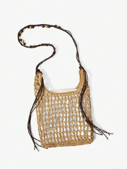 MUSERA Ladies, Women Crossbody Bag, Shoulder Bag, Straw Bag, Straw Woven Bag, Hollow, Tassels, Fashionable, Elegant, Simple, Personalized, Versatile, For Beach, Vacation, Holiday, Summer, Seaside, Beach Party